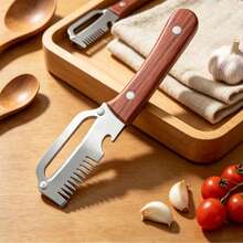 Ergonomic Wooden Handle Stainless Steel Peeler 3-In-1 Fruit & Potato Peeler Bottle Opener Kitchen Peeling Cooking Tool - Apricot - View 7