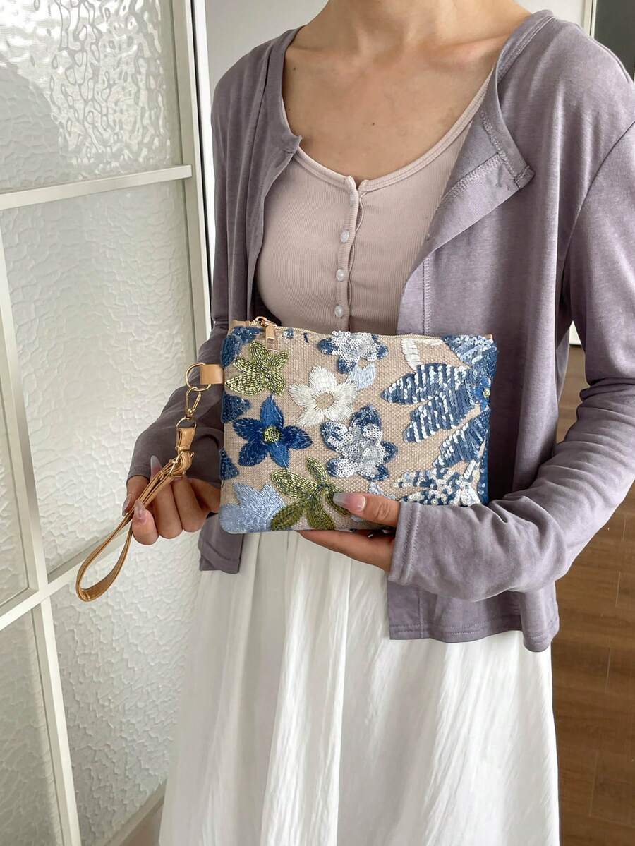 1pc Multi-Color Sequin Patchwork Embroidered Women's Clutch Envelope Bag, Minimalist Evening Bag For Date, Party, Daily Shopping, Holiday Gift, Fashion Asymmetrical Floral Patchwork Wrist Bag - Multicolor - View 1
