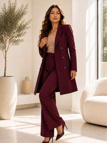 Women's Overcoat Blazer, Long Tailored Premium Elegant Formal Winter Fashion Casual Chic Long Winter Blazer With Pockets, Cold Weather Jacket - 酒紅色 - 查看 2