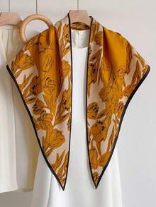 1pc 88*136*64cm Sketch Tulip Flower Print Triangle Scarf, Thin Imitation Silk, Multi-Purpose Scarf, All Seasons Suitable For Daily Outing & Party - Multicolor - View 5