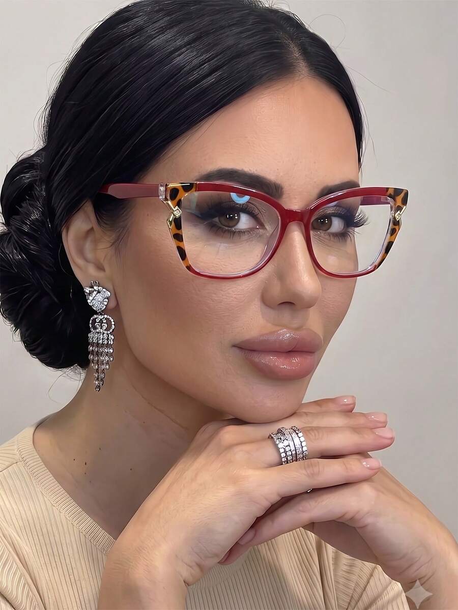 1 Pair Women's Dopamine Color Block Cat Eye Frame Sweet Style Non-Prescription Glasses - Red Leopard Print - View 1
