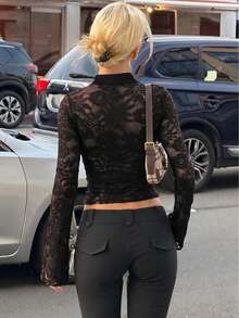 Women Sexy Lace Cut Out Long Sleeves Fall Winter Party Club Going Out Top - Black - View 4