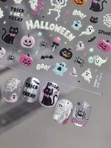 1pc 5D Luminous Effect Halloween Nail Stickers Skull Ghost Pumpkin Bat Self Adhesive Nail Art Decals - Multicolor - View 3