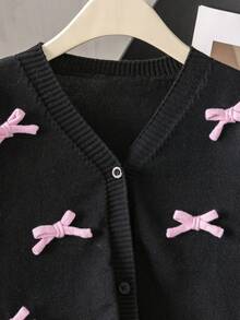 Girls Cute Solid Color 3D Bow Short Knit Cardigan Sweater, Suitable For Casual Daily Wear In Spring And Autumn - Black - View 3