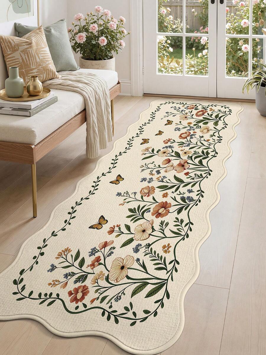 1pc Floral Pattern Runner Rug, Area Rug For Kitchen, Bathroom, Outdoor, Indoor, Bedroom, Living Room, Bedside, Decorative Rug, Machine Washable, Easy To Clean, Non-Slip Backing, Entryway Mat, Bedroom Bathroom Decor Rug - Multicolor - View 1