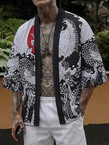 男士春夏日式卡通红月龙风和服上衣 - 白色 - 查看 1