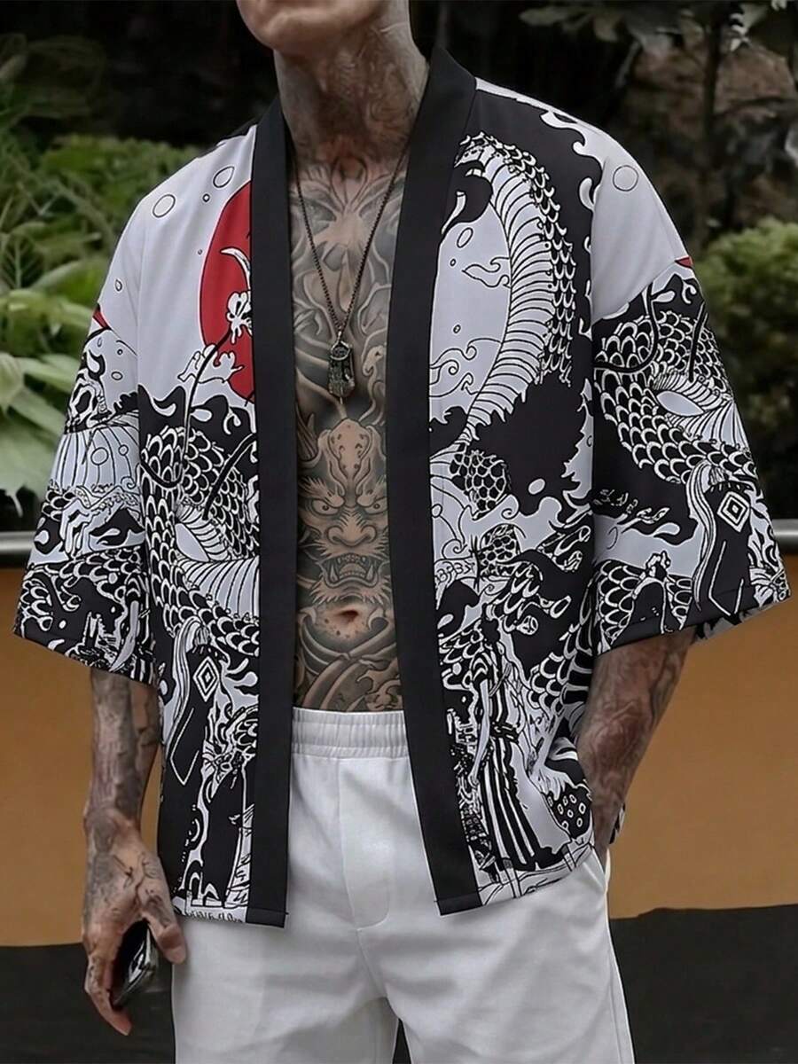 男士春夏日式卡通红月龙风和服上衣 - 白色 - 查看 1