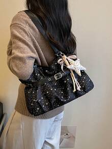 New Casual Solid Color Oxford Cloth Tote Bag, Star Pattern, Pleated Fabric Women Shoulder Bag - Black - View 3