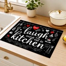 1件裝黑色「Laugh And Eat In Kitchen」字母印花廚房檯面墊，吸水快乾防滑矽藻土排水墊，咖啡機墊與碗盤瀝水墊 - 彩色 - 查看 5