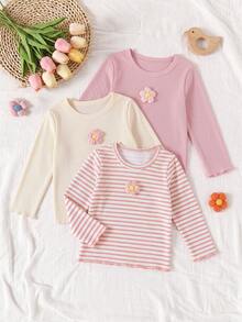 3pcs/Set Baby Girl Autumn Basic Long Sleeve Knit Crew Neck T-Shirt, Versatile Casual Apricot Pink Striped Colorblock Tops, Soft Comfortable Spring Warm Color Clothing - Multicolor - View 1