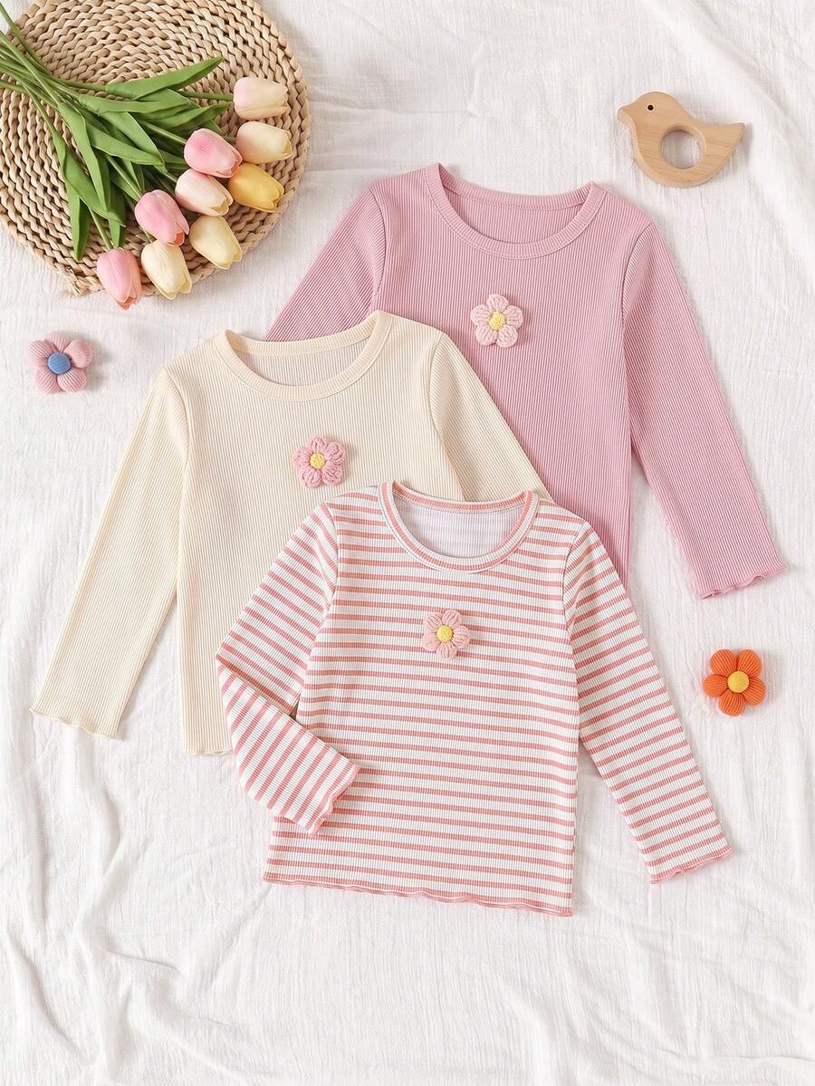 3pcs/Set Baby Girl Autumn Basic Long Sleeve Knit Crew Neck T-Shirt, Versatile Casual Apricot Pink Striped Colorblock Tops, Soft Comfortable Spring Warm Color Clothing - Multicolor - View 1