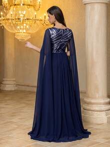 UNITHORSE Women's Sequin Design Round Neck Cape Sleeve Slit Hem Elegant Evening Gown Dress - Navy Blue - View 2