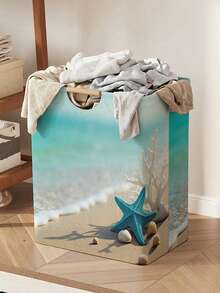 1pc Storage Basket, Laundry Hamper, Washing Basket, Storage Bin, Ocean Print Design, Foldable Multi-Purpose Basket With Wooden Handles, Suitable For Daily Clothing Storage And Organization - Multicolor - View 2