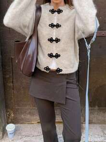 MORI Fall Winter Y2K Elegant Casual Beige Frog Button Fuzzy Knit Cardigan Tops Women Going Out Party Vacation Concert Outfits - Rice Apricot - View 7