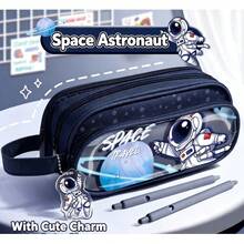 1pc Cute Cartoon Large Capacity Fabric Pencil Case, Multi-Layer Transparent Window Storage Bag With Pendant, Portable Handheld Zipper Stationery Organizer - Pencil Case - View 11