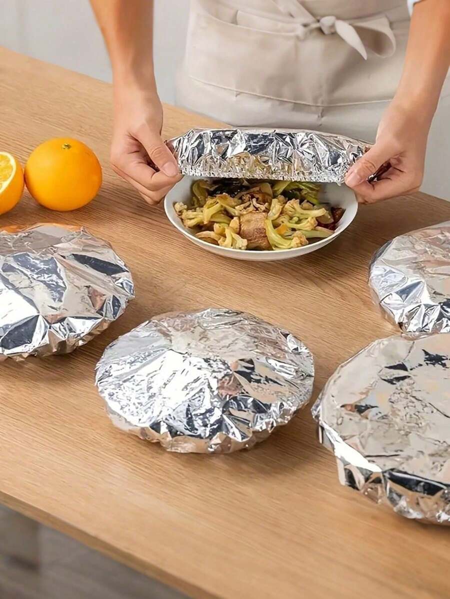 5/20/40/80pcs Reusable Aluminum Foil Food Wrap, Heat-Insulating Stretch Film, Durable Thermal Insulation, Suitable For Fruits, Meals, Tableware, Food Containers, Reflective Surface, Heat-Resistant Cover - View 1