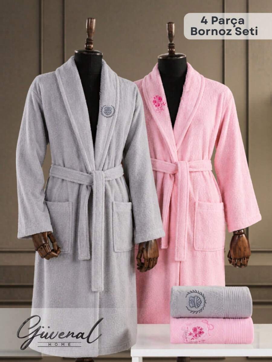 Diamond Pattern Jacquard Shawl Collar Bathrobe - S/M - L/XL - Made In Turkey - Pink - View 1