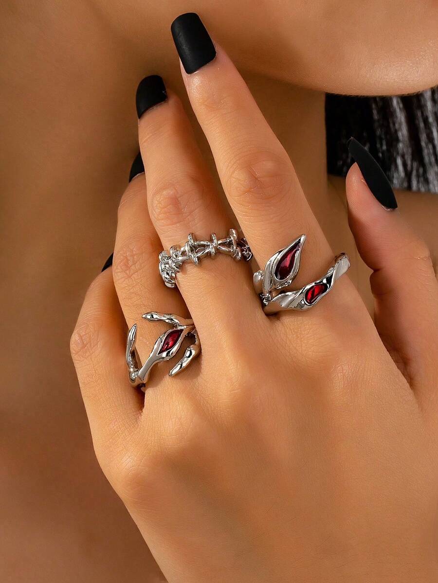 3 Pcs Punk Vampire Gothic Style Stacked Vine Rings Set - Halloween Ring Jewelry Suitable For Costume Party - Multicolor - View 1