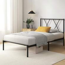 Marco de cama Zinus Elias 140x200 con cabecero moderno - Cama de metal 140x200 con base de listones de metal - Plataforma de 30 de altura con espacio debajo - Sin necesidad de somier - Negro BLDL - 90 x 200 cm - Ver 1