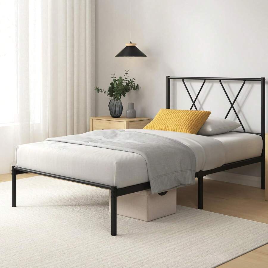 Marco de cama Zinus Elias 140x200 con cabecero moderno - Cama de metal 140x200 con base de listones de metal - Plataforma de 30 de altura con espacio debajo - Sin necesidad de somier - Negro BLDL - 90 x 200 cm - Ver 1