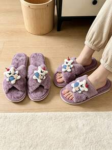 Women's Plush Cross Strap Open Toe Slippers, Cute Cartoon Bear & Cherry Decor, Fluffy Soft Comfortable, Indoor Bedroom Home Shoes - Style B - Purple - View 1