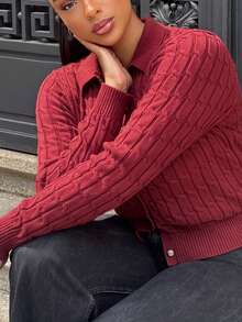 FOR BEAUTY Fall Winter French Chic Burgundy Cable Knit Lapel Collar Button Down Slim Fit Cardigan Sweater Tops Outerwear Women Work Outfits - Angolan Red - View 5