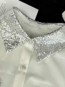 Women's Autumn Fashion White Sequin Patch Pocket Long Sleeve Button-Up Shirt Collar Polyester Blouse, Dropped Shoulder Design, Showcasing Fashionable Style - White - View 9