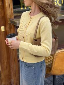 Women's Vintage Yellow Knitted Cardigan, Decorated With Floral Applique, Long Sleeve Round Neck Button Front Sweater Top - Yellow - View 4
