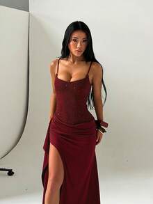 秋季優雅蕾絲拼接奢華細肩帶晚禮服，適合婚禮、度假、通勤、辦公室、返校 - 酒紅色 - 查看 2
