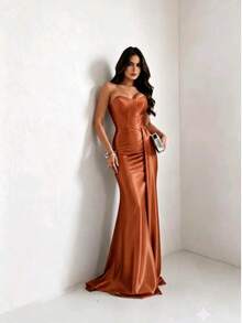 Satin Dress For Parties And Special Occasions, Strapless, Elegant - 亮橙色 - 查看 3