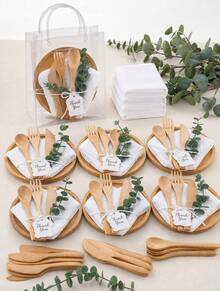 55Pcs Gift Sets 6 Sets Bamboo Charcuterie Board Spoon Butter Knife Fork Towel Artificial Eucalyptus Clear Gift Bag Thank You Tag Gender Reveal Newborn Party Guest Favors - View 2
