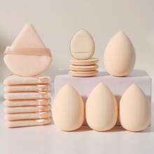 16Pcs Nude Mixed Makeup Puff Set, Triangle Velvet Powder Puffs, Mini Finger Strap Sponge Pads & Water Drop Makeup Sponges, Wet Dry Dual Use Cosmetic Tools For Foundation & Loose Powder, Portable Travel Makeup Accessories For Beginners - Apricot - View 9
