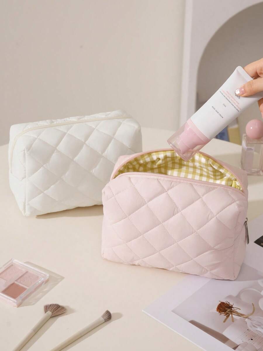 Quilted Octagonal Cosmetic Bag, Casual Handbag With Cute Floral Pattern Zipper Closure, Can Be Used As Skincare Bag, Toiletry Bag Or Travel Organizer; Warm Down Texture, Fashionable And Practical, Suitable For Back To School Season And Various Travel Occasions - Multicolor - View 1