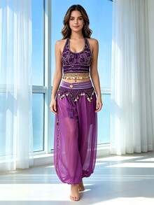 Atasan Crop Top Halter Rumbai Koin Tari Perut dan Celana Harem Tari Longgar Chiffon Ringan (Tersedia Berbagai Warna) - MultiWarna - View 8