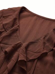 Women's V-Neck Ruffle Chiffon Blouse Brown Semi-Sheer Bell Sleeve Top - Brown - View 8