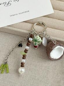 1Pc Coconut Keychain,Tropical Themed Pendant,Multi Bead Charms,Metal Key Ring,Bag Hanging Decor,Car Key Ornament,Handmade Tassel Accessory - Multicolor - View 3