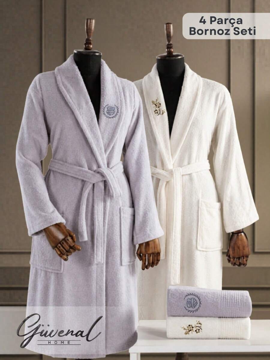 Diamond Pattern Jacquard Shawl Collar Bathrobe - S/M - L/XL - Made In Turkey - Light Grey - View 1