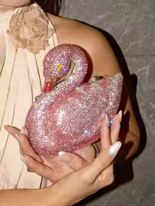 Swan Shaped Diamonds Evening Bags Gorgeous Sparkling Rhinestones Metallic Clutch Women Luxury Swan Rhinestone Evening Clutch  Bridal Wedding Handbag - 粉色 - 查看 2