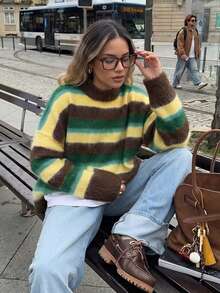 Women Fuzzy Multicolor Striped Crew Neck Sweater, Drop‑Shoulder Long Sleeve Oversized Loose Knit Pullover, Casual Fall Daily Top Vacation - Multicolor - View 2