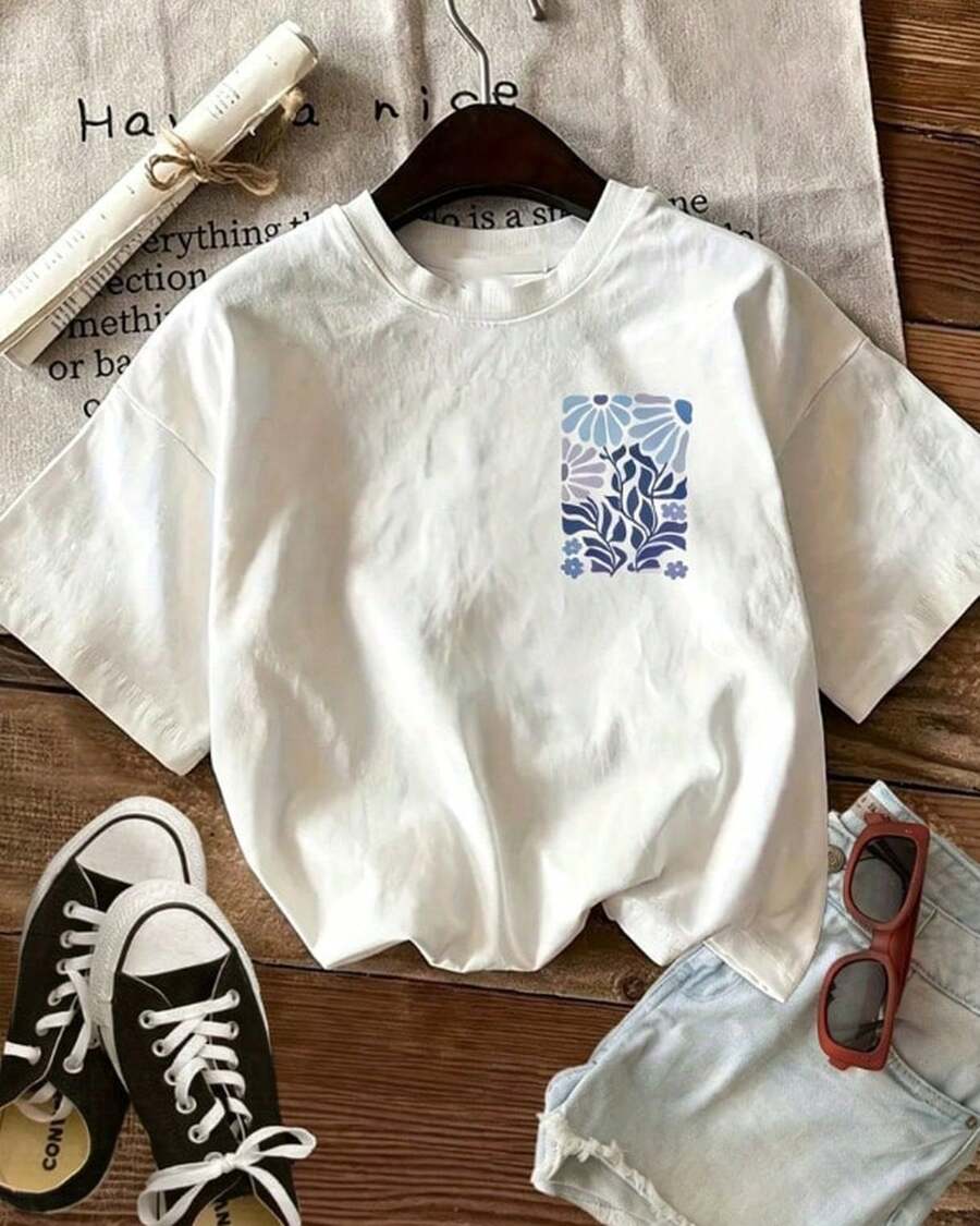 Printed Short-Sleeved T-Shirt With Round Neck, Casual Top For Spring/Summer, Women's Clothing. - 白色 2 - 查看 1