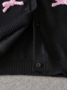 Girls Cute Solid Color 3D Bow Short Knit Cardigan Sweater, Suitable For Casual Daily Wear In Spring And Autumn - Black - View 7