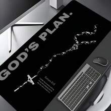 1pc Extra Large Black Background Text Prayer Beads Cross Pattern Mouse Pad, With Non-Slip Rubber Base And Stitched Soft Fabric Keyboard Mat. Minimalist Cool Black And White English Vintage Graphic Aesthetic With Non-Slip Rubber Base And Stitched Soft Fabric Keyboard Mat, Suitable For Gaming, Home Office And Study Scenarios. - View 1