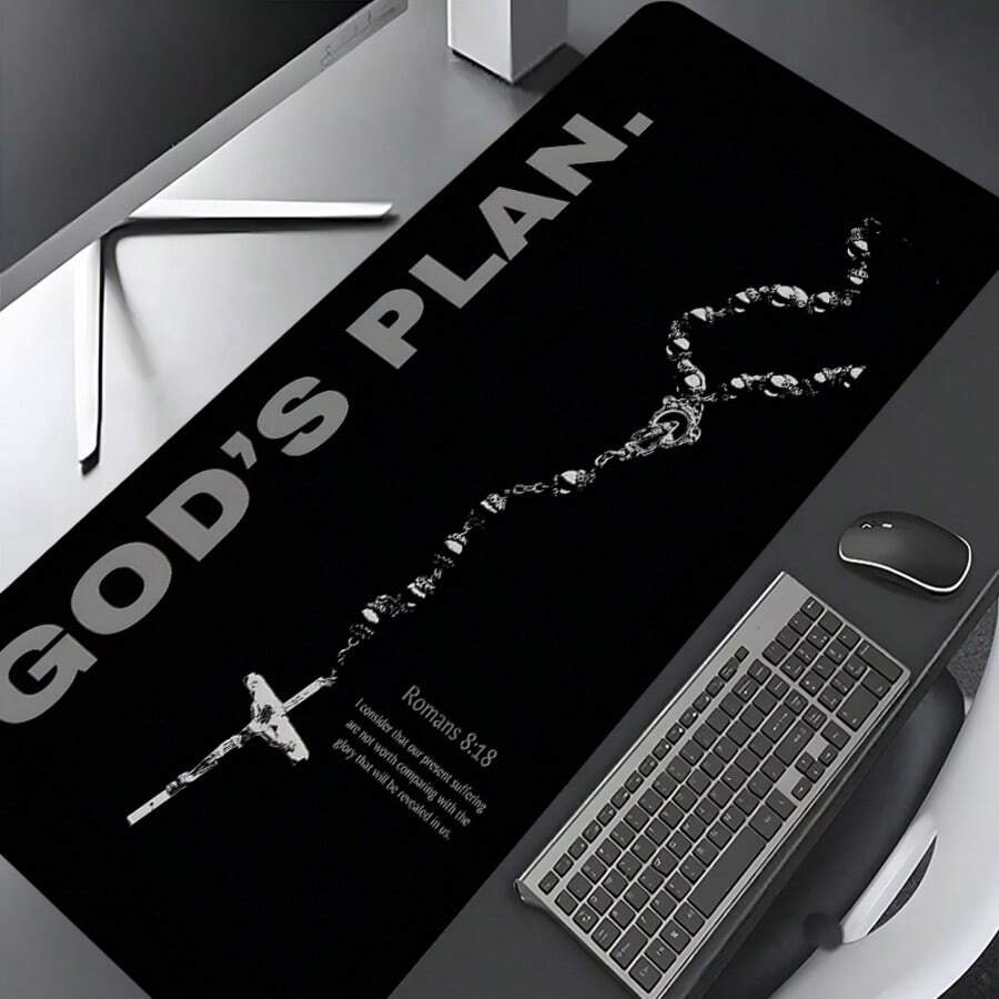 1pc Extra Large Black Background Text Prayer Beads Cross Pattern Mouse Pad, With Non-Slip Rubber Base And Stitched Soft Fabric Keyboard Mat. Minimalist Cool Black And White English Vintage Graphic Aesthetic With Non-Slip Rubber Base And Stitched Soft Fabric Keyboard Mat, Suitable For Gaming, Home Office And Study Scenarios. - View 1