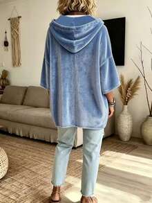 Plus Size Women's 3/4 Sleeve Solid Color Gold Velvet Casual T-Shirt Top, Autumn/Winter - Blue - View 3
