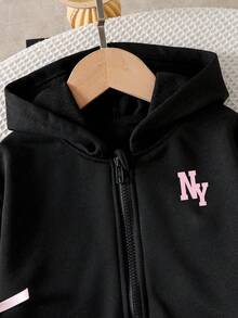 Baby Girl Letter Print Hooded Zip-Up Sweatshirt And Pants Set - Black - View 3