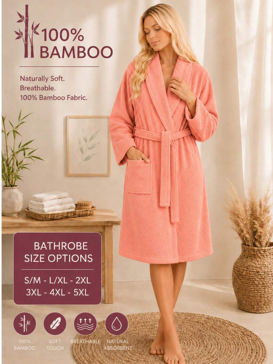 Bamboo 100% Bamboo Unisex Shawl Collar Soft Plus-Size Adult Bathrobe - Coral Pink - View 1