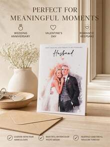 Custom Watercolor Wedding Portrait Anniversary Card, Delicate Folded Greeting Style, Heartfelt Present For Marriage Anniversary Celebration, Spousal Emotional Communication And Precious Marital Memory Collection - Multicolor - View 5