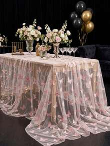 1pc Pink Butterfly Mesh Tablecloth, Double-Sided Polyester Lace Table Cover, Size 220*130cm, Wedding Decoration, Bridal Shower Decor, Birthday Party Decor, Banquet Table Decor, Anniversary Celebration, Table Decoration - Pink Butterfly - View 3