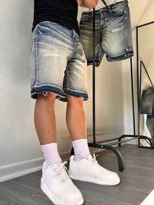 5英吋寬鬆寬腿原色毛邊牛仔短褲 中長款夏季Y2K街頭休閒百搭時尚牛仔褲 文藝復古風 - 藍色 - 查看 2