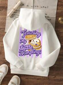 Kawaii Steamed Bun Print Girls Hooded Sweatshirt, Fun Letter Back Graphic Casual Top - White - View 3